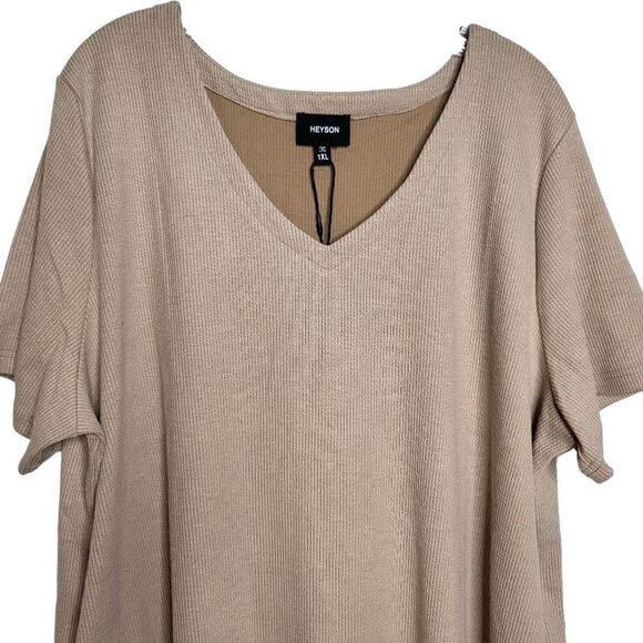 Heyson Ribbed Tan V Neck Short Sleeves Pockets Dress Size 1X - Picture 3 of 9